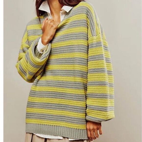 NWOT Free People Links Pullover Sweater Slouchy Knit Chunky Striped Yellow Gray - Picture 1 of 11